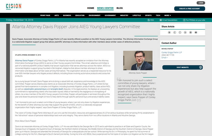 Screenshot of press release 'Atlanta Attorney Davis Popper Joins AIEG Young Lawyers Committee'