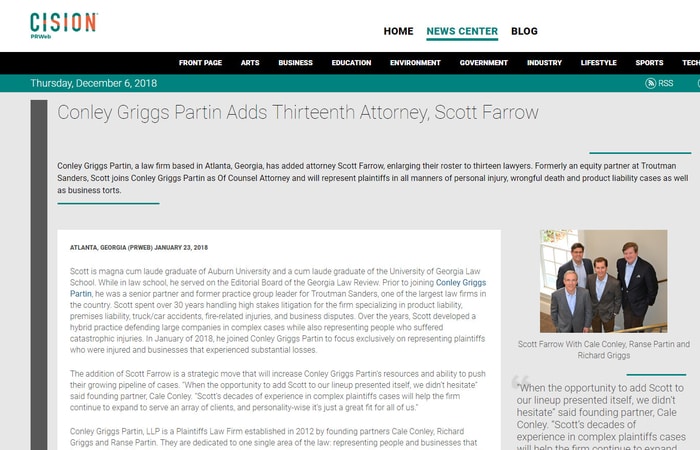 Screenshot of press release 'Atlanta Attorney Davis Popper Joins AIEG Young Lawyers Committee'