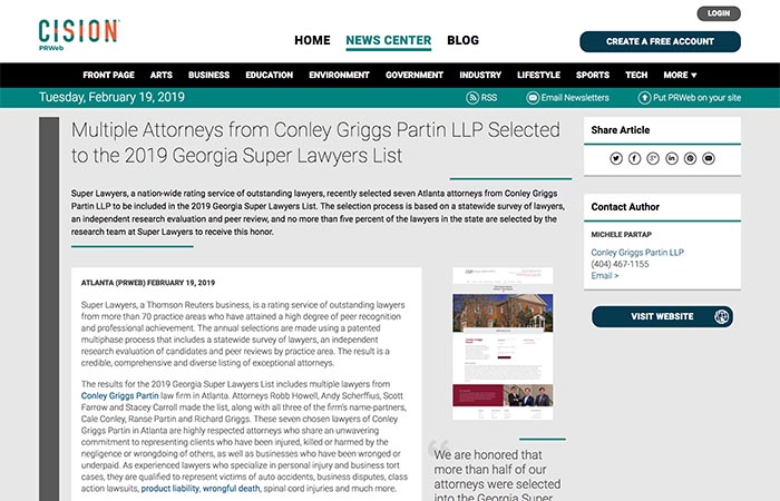 Screenshot of press release: Multiple Attorneys from Conley Griggs Partin LLP Selected to the 2019 Georgia Super Lawyers List