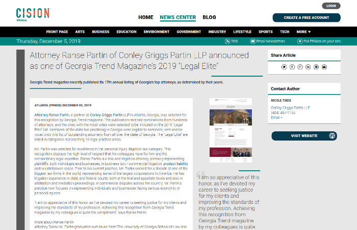 Screenshot of press release: Attorney Ranse Partin of Conley Griggs Partin LLP announced as one of Georgia Trend Magazine’s 2019 “Legal Elite”