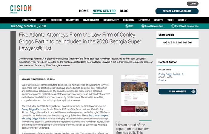 Screenshot of an article - Five Atlanta Attorneys From the Law Firm of Conley Griggs Partin to be Included in the 2020 Georgia Super Lawyers® List.