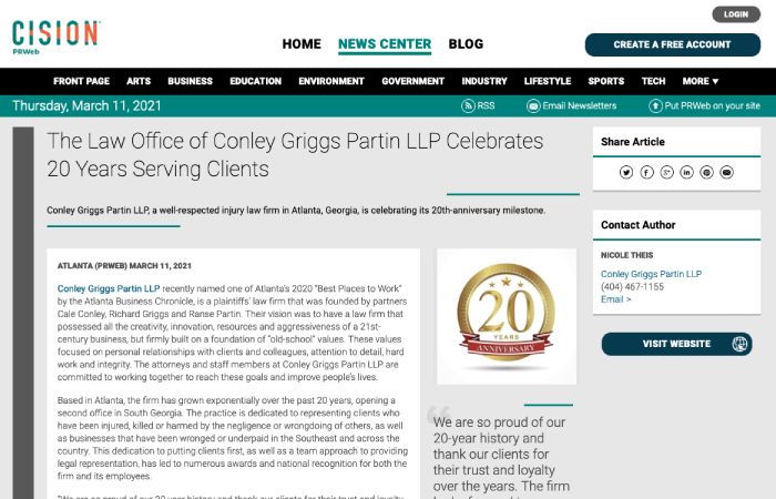 Screenshot of press release titled: The Law Office of Conley Griggs Partin LLP Celebrates 20 Years Serving Clients