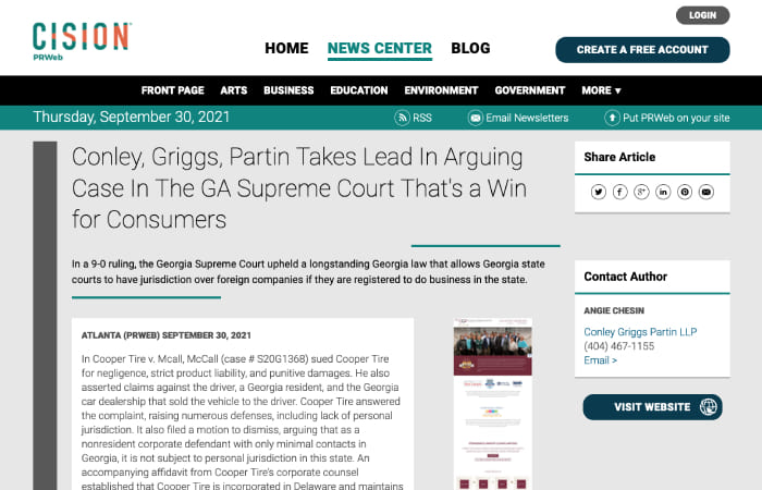 Screenshot of press release titled: Conley, Griggs, Partin Takes Lead In Arguing Case In The GA Supreme Court That's a Win for Consumers