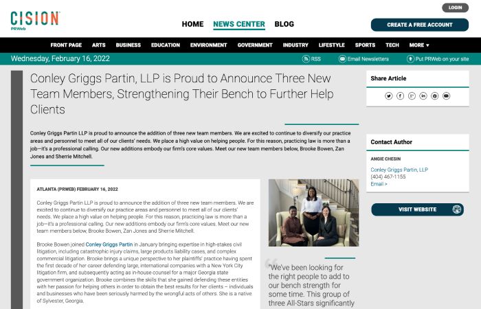 Screenshot of an article titled: Conley Griggs Partin, LLP is Proud to Announce Three New Team Members, Strengthening Their Bench to Further Help Clients