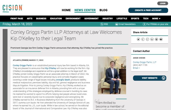 Conley Griggs Partin LLP Attorneys at Law Welcomes Kip O'Kelley to their Legal Team