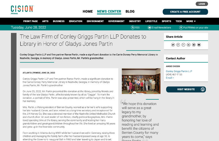 Screenshot of an article titled: The Law Firm of Conley Griggs Partin LLP Donates to Library in Honor of Gladys Jones Partin.
