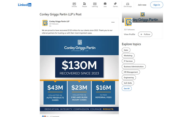 Screenshot of a Linkedin post announcing We are proud to have recovered $130 million for our clients since 2023. Thank you to our referral partners for trusting us with their most important cases.